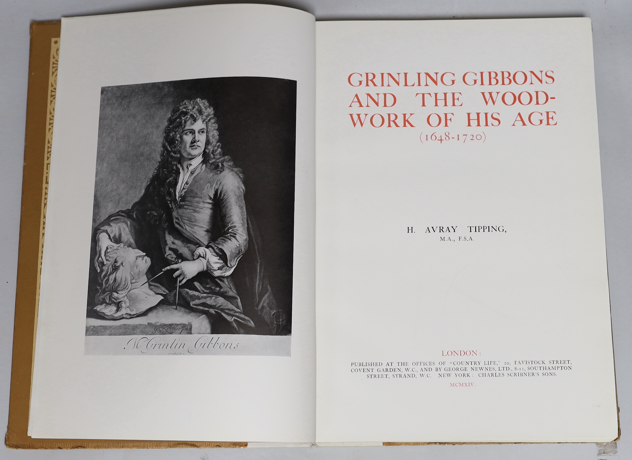 Jekyll, G and Hussey, C - Garden Ornament, second edition, original cloth, 1927 and Tipping, H.A – Grinling Gibbons, original cloth-backed boards, 1914, (2)